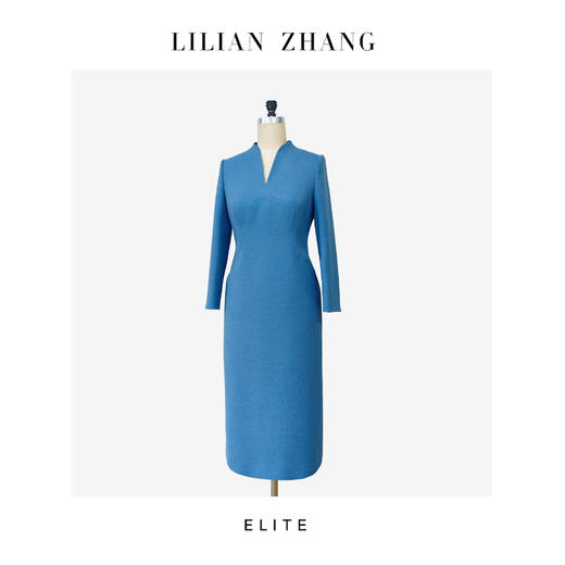 “定制”静奢风蓝调东方新中式花苞V立领羊毛混纺轻职连衣裙2501076 商品图0