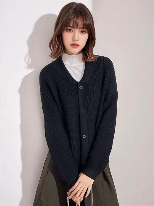 【孤品捡漏】G199镰刀领粗针黑色开衫毛衣-喜出 商品图0