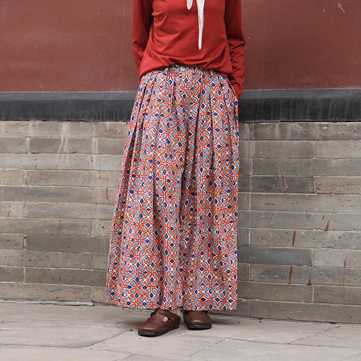 绽放旅行女装600朵/天丝亚麻设计感印花武士裤百搭宽松休闲裤长裤 商品图0