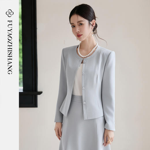 FUYAO扶摇 醋酸时尚套装女2025早秋蓝色圆领气质小香风西装两件套 商品图2