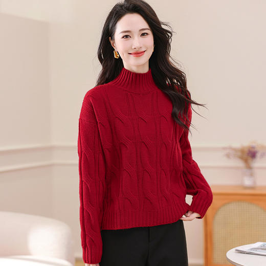 OSL 8515QY半高领羊毛加厚双股纱线大绞花宽松针织衫 商品图0