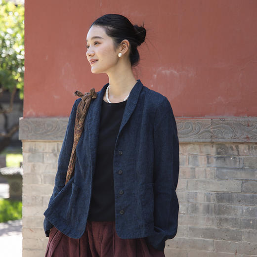 绽放旅行女装597朵/加厚色织亚麻复古文艺翻领系扣长袖西装外套女 商品图1