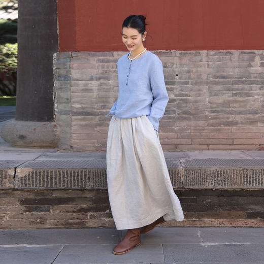 绽放572朵/重磅皱纹亚麻半开襟下摆抽绳设计感圆领长袖衬衫女秋季 商品图3