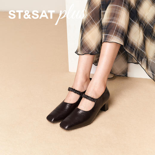 【精选牛皮】星期六复古褶皱感粗跟玛丽珍SSD3111059 商品图1