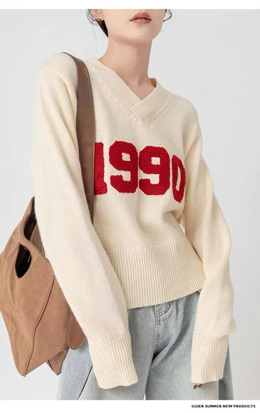 【孤品捡漏】G211米白撞色1990数字毛衣-喜出 商品图0