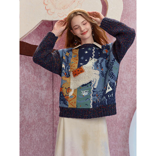 两三事 糖衣星系 2025秋季新款趣味动物立体绣花套头毛衣女宽松 商品图2