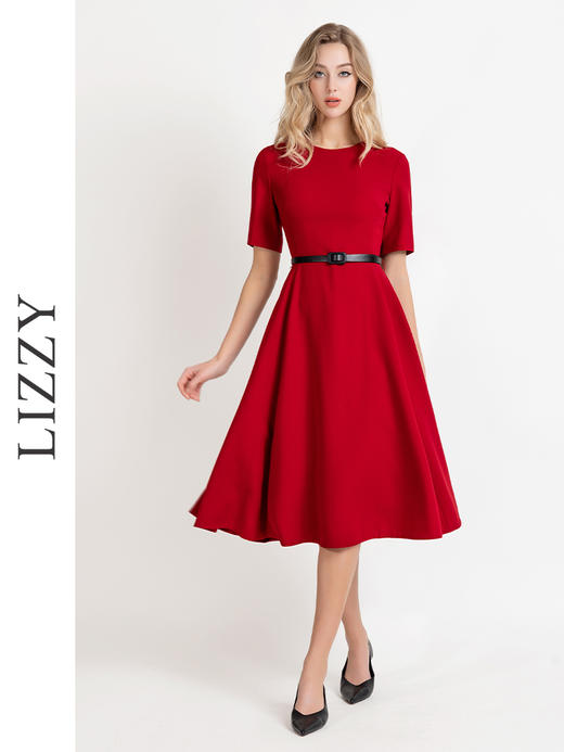 LIZZY 早秋优雅精致通勤赫本风短袖大摆连衣裙{配腰带}8009 商品图0