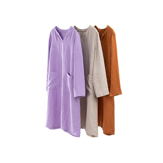 绽放557朵/重磅皱纹砂洗亚麻开V领宽松文艺长袖中长款连衣裙女秋 商品图3