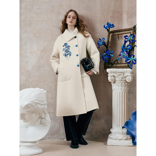 【暖冬内购】两三事梵高文艺穹顶絮雪2025秋冬新款绣花不对称翻领羊毛呢外套女 商品图1