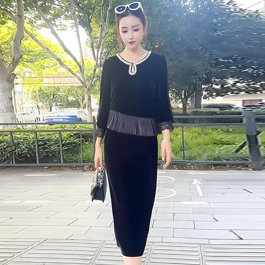 时尚法式金丝绒连衣裙，韩版拼接简约优雅洋气裙子QYM-YJ25XY605 商品图3