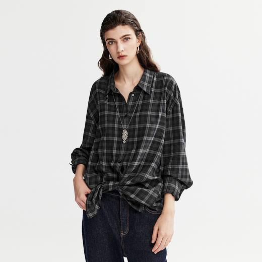 棉仓366604022-复古文艺黑灰格长袖衬衫 商品图1