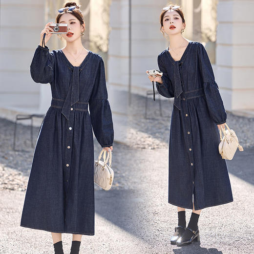 HR DMGY2602韩系气质复古牛仔连衣裙收腰显瘦裙 商品图0