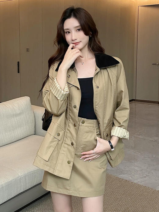 奢姿2025秋季新款气质撞色翻领上衣韩版拼接灯芯绒领休闲外套J93327044 商品图0