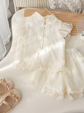 【孤品捡漏】（套装）G207女童米色刺绣新中式两件套-喜出