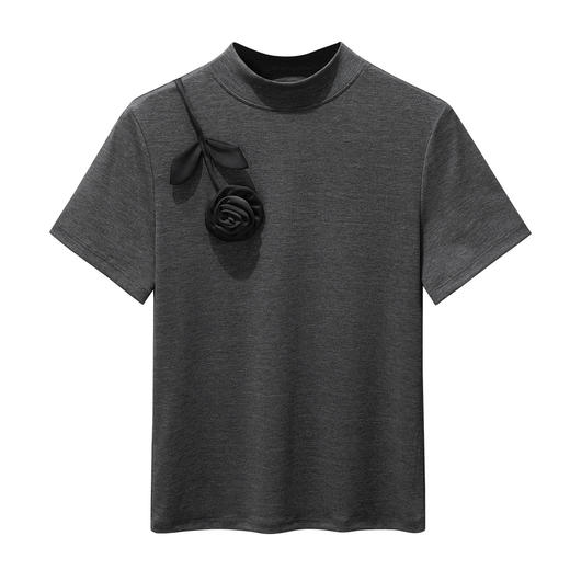 「自j」全新升级【铂金会员119/天猫159/差价40】(03560)洛诗琳莱赛尔天丝花朵T恤2025早秋正肩显瘦半高领打底上衣 商品图3