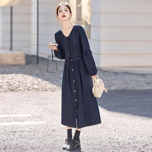 HR DMGY2602韩系气质复古牛仔连衣裙收腰显瘦裙 商品图3