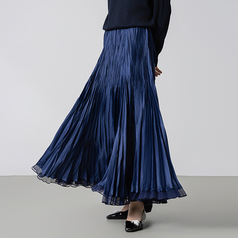 【林栖设计小店】（藏青色/黑色预售12.11）碎钻手工捏褶皱半身裙紫色2025秋季拼真丝休闲文艺新款长裙女1953039