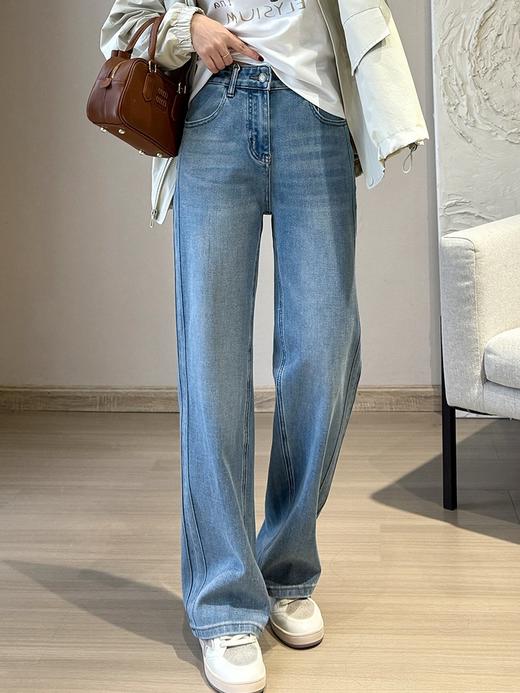 立体竖线软糯四面弹直筒牛仔裤养眼蓝窄版滞留裤 商品图7