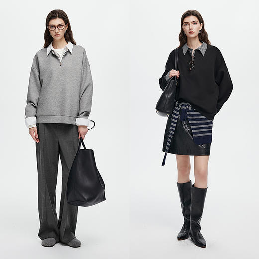 棉仓366608007-25秋假两件拼接衬衫领宽松卫衣 商品图4