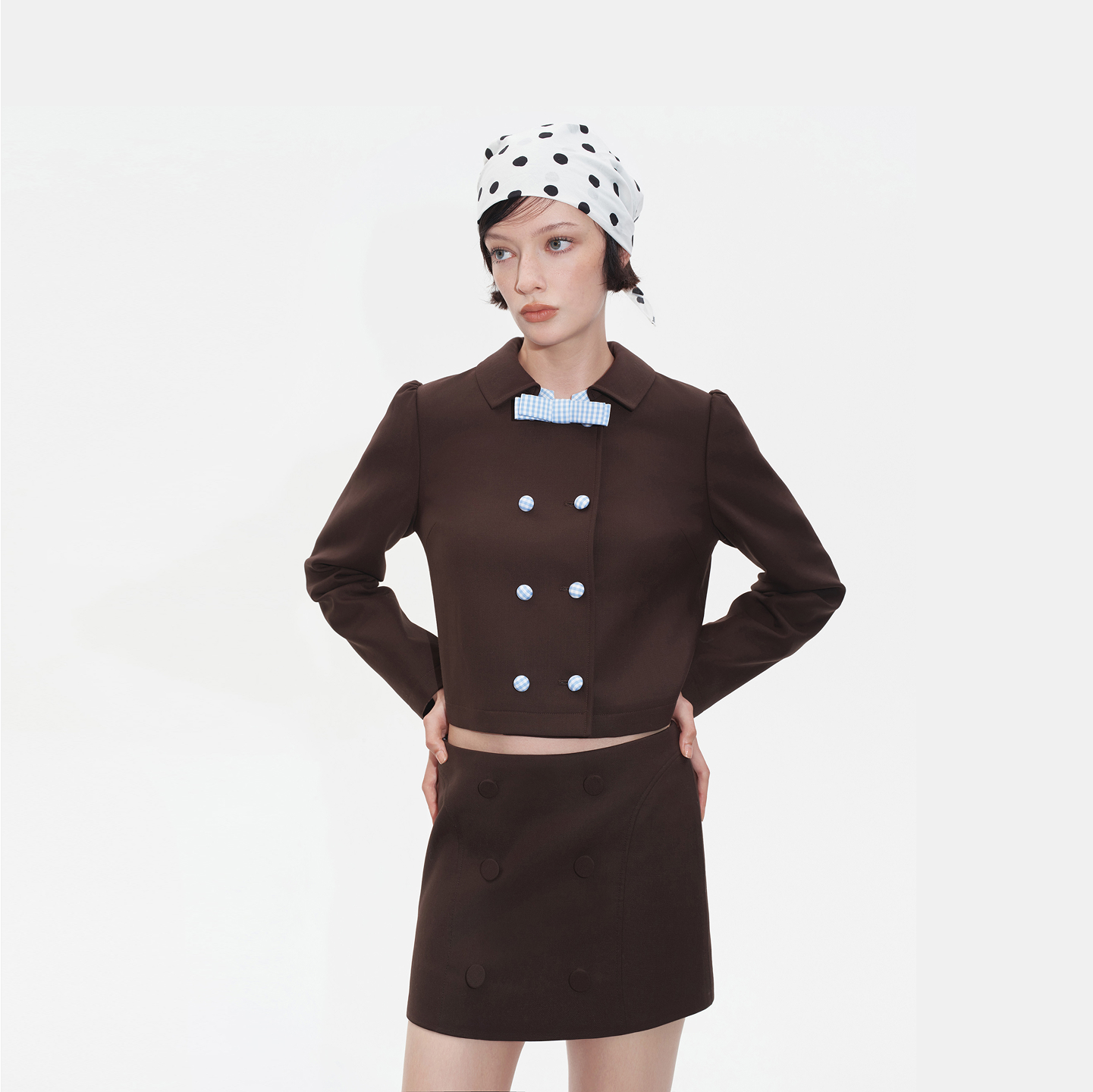 HERLIAN2025年秋季新品女士绵羊毛短外套格纹拼色设计蝴蝶结装饰