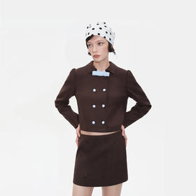 HERLIAN2025年秋季新品女士绵羊毛短外套格纹拼色设计蝴蝶结装饰