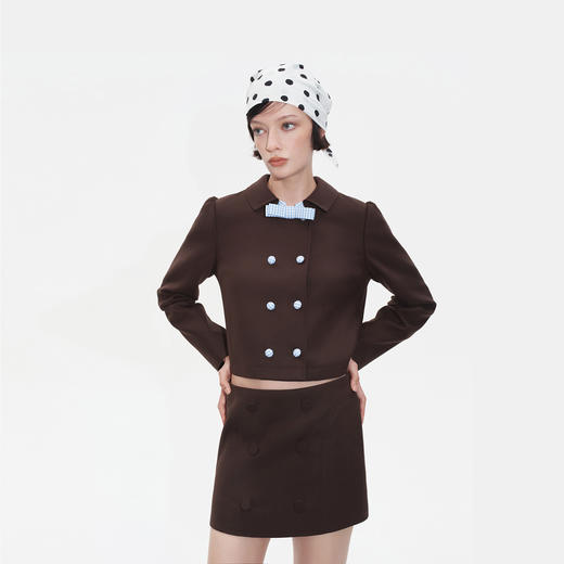 HERLIAN2025年秋季新品女士绵羊毛短外套格纹拼色设计蝴蝶结装饰 商品图0