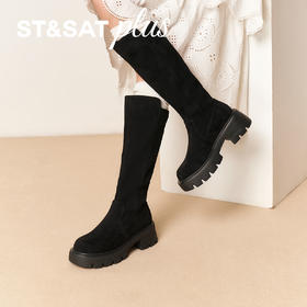 星期六黑色绒面百搭厚底过膝长靴SSD4117140