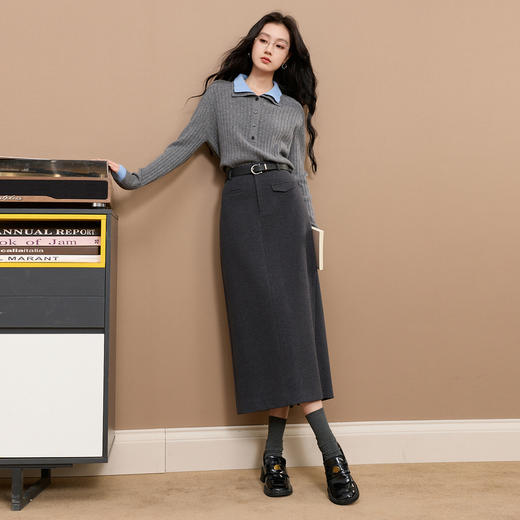 三彩2025冬季新款通勤半身裙直筒裙开叉长裙简约Z 商品图1