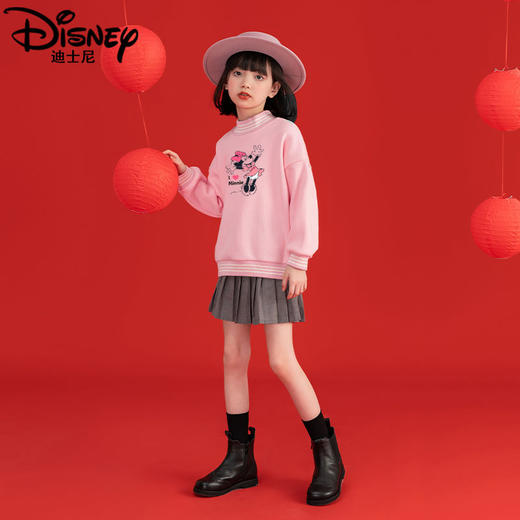 迪士尼女童红色卫衣加绒2024新款儿童保暖衣女孩新年装大童拜年服 商品图1