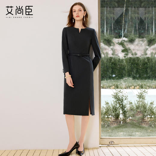 艾尚臣深灰色气质连衣裙女高级感早秋收腰职业套裙气质女神范正装 商品图4