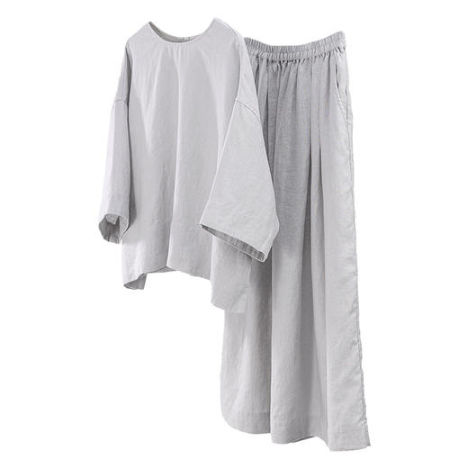 绽放579-580朵/重磅亚麻圆领短款七分袖小衫梭织T恤松紧腰半身裙 商品图3