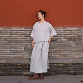 绽放579-580朵/重磅亚麻圆领短款七分袖小衫梭织T恤松紧腰半身裙