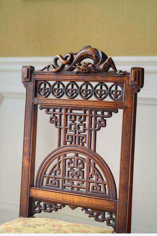 【已售】独角鹿西洋古董19世纪法国出品VIARDOT东方风格祥云回纹及蟠龙主题硬木镂雕装饰黄地花卉纹布面座椅一对 商品图3