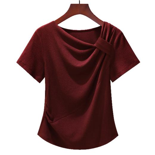 「自j」全新升级【铂金会员119/天猫159/差价40】(03316)洛诗琳气质不规则T恤2025新款斜领抽褶设计百搭短袖上衣女 商品图4