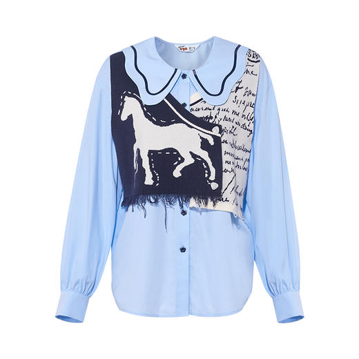 两三事梵高文艺氤氲画幕2025秋新款流苏印花针织拼接假两件衬衫女 商品图4