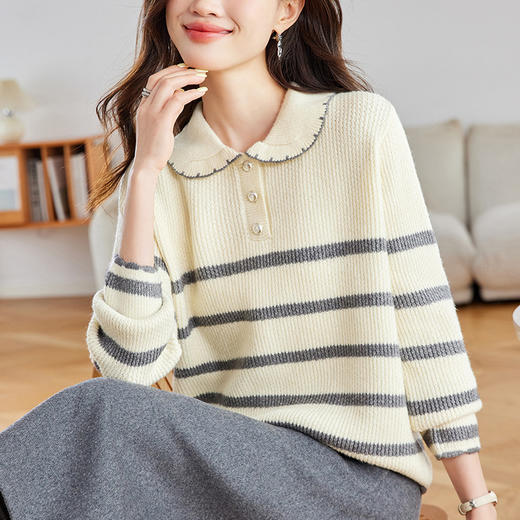 娃娃领毛衣洋气减龄小个子针织上衣，漂亮时髦条纹打底衫内搭CC-16-9610 商品图3