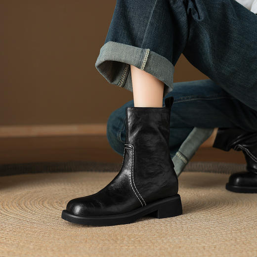 阿么手工女鞋2025秋冬新款复古大头真皮短靴英伦风百搭时装靴4CM 商品图1