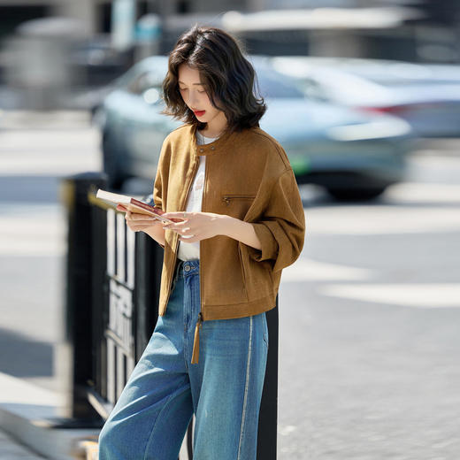 HR GSTX8090复古立领短外套时尚休闲百搭麂皮绒夹克 商品图4