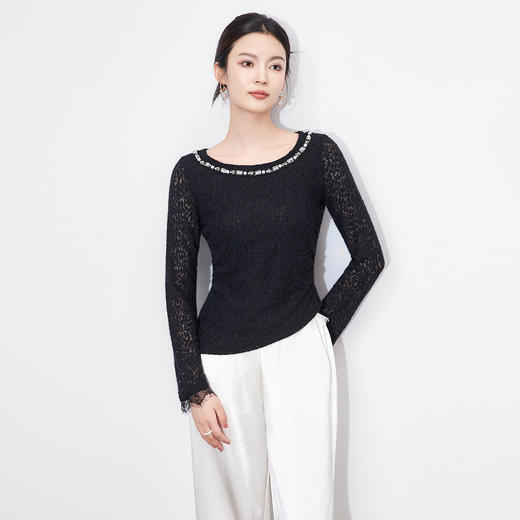 「高货wl」全新升级【铂金会员192/天猫259/差价67】(00628)洛诗琳重工钉珠温柔风蕾丝衫2025秋季法式磨毛蕾丝打底衫 商品图1