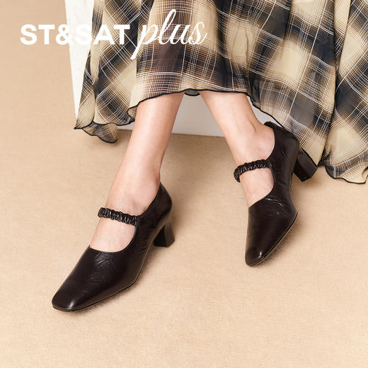 【精选牛皮】星期六复古褶皱感粗跟玛丽珍SSD3111059 商品图3