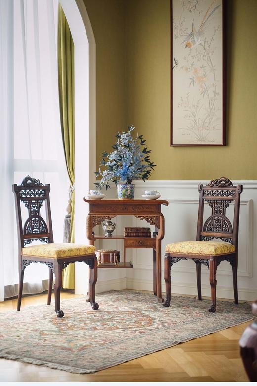 【已售】独角鹿西洋古董19世纪法国出品VIARDOT东方风格祥云回纹及蟠龙主题硬木镂雕装饰黄地花卉纹布面座椅一对 商品图0