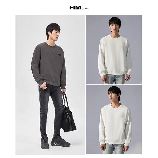 HIM漢崇  定制皮标压花卫衣男休闲双面针织圆领套头上衣 2025秋季 商品图3