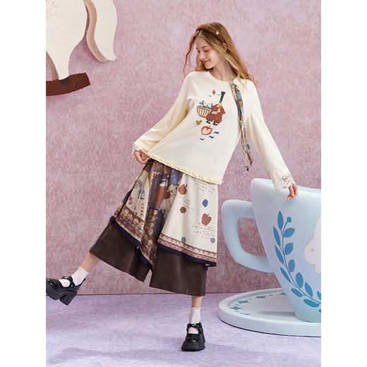 两三事苹果派对2025秋新款复古印花布拼接假两件裙裤女宽松休闲裤 商品图1