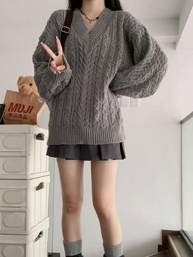 【孤品捡漏】G179灰色V领麻花针织毛衣-喜出