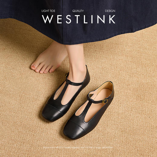 西遇质感真皮牛皮T字带玛丽珍鞋女秋季配裙子不累脚平底单鞋V0057025 商品图1