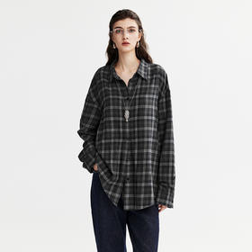 棉仓366604022-复古文艺黑灰格长袖衬衫