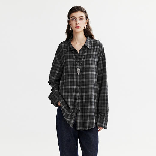 棉仓366604022-复古文艺黑灰格长袖衬衫 商品图0