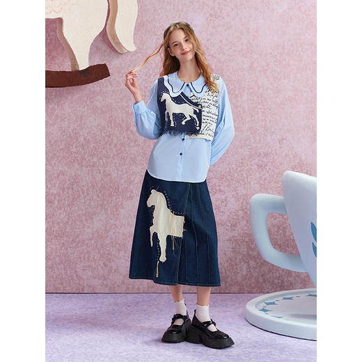 两三事梵高文艺氤氲画幕2025秋新款流苏印花针织拼接假两件衬衫女 商品图3