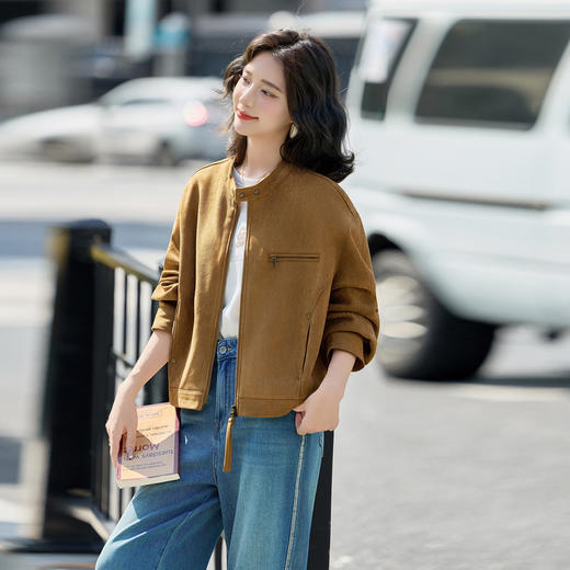 HR GSTX8090复古立领短外套时尚休闲百搭麂皮绒夹克 商品图3