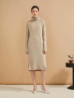 【孤品捡漏】G186浅卡其翻领侧开叉针织连衣裙-喜出